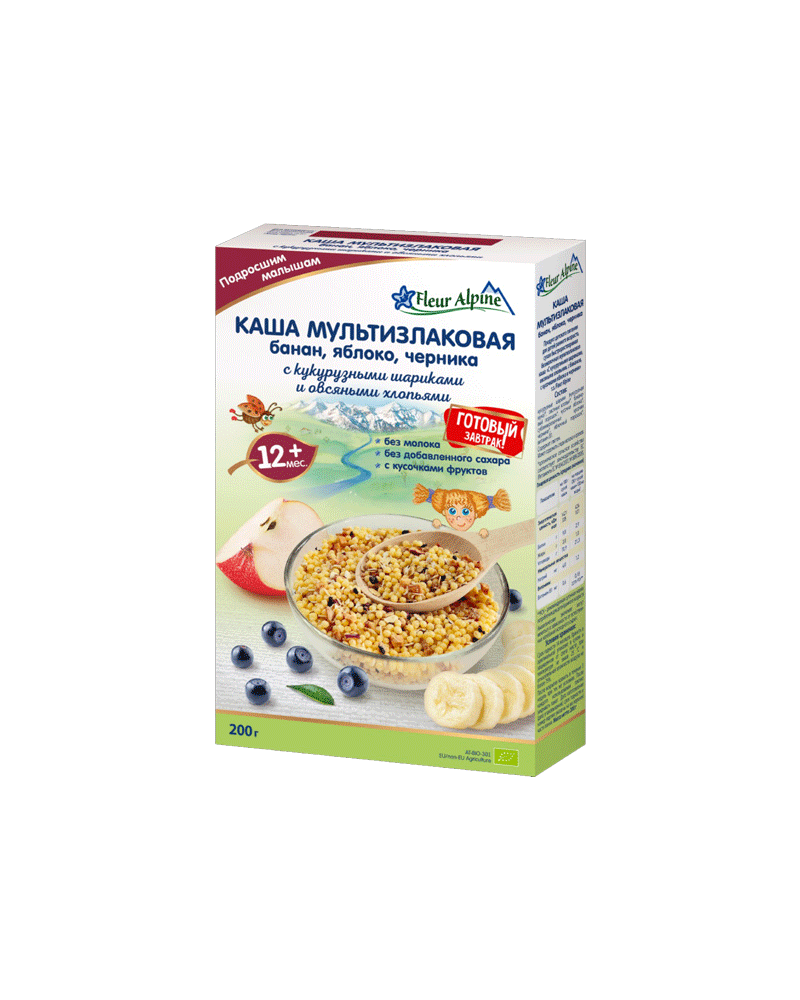 Fleur Alpine - (Organic) Baby Flakes Multigrain W/Banana+Bilberry+Apple 200gr