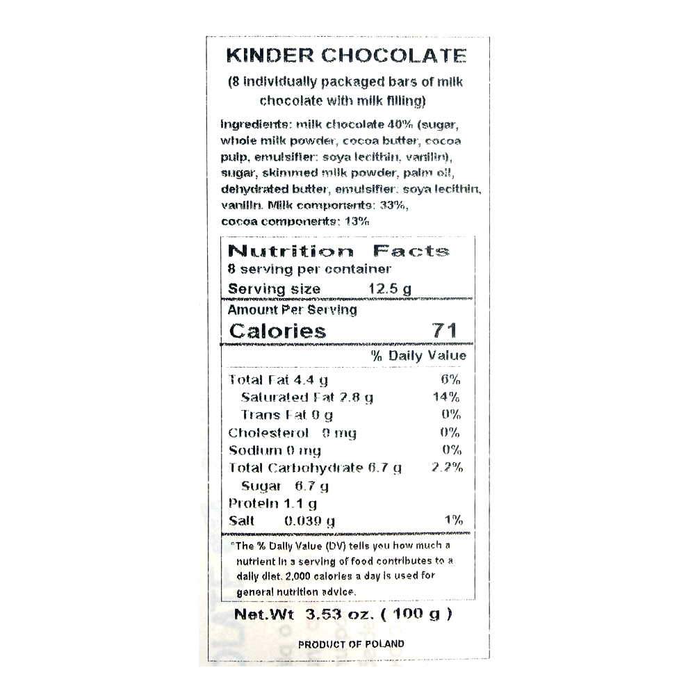 Kinder Chocolate Bar – 3.53 oz (100 gr)