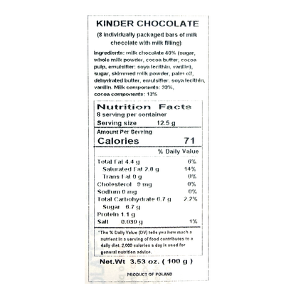 Kinder Chocolate Bar – 3.53 oz (100 gr)