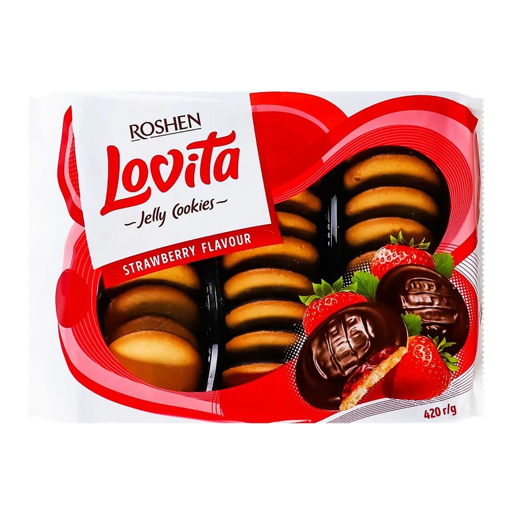 Roshen Cookies Choco Glazed Lovita Strawberry Jelly- 14.8 Oz (420gr)