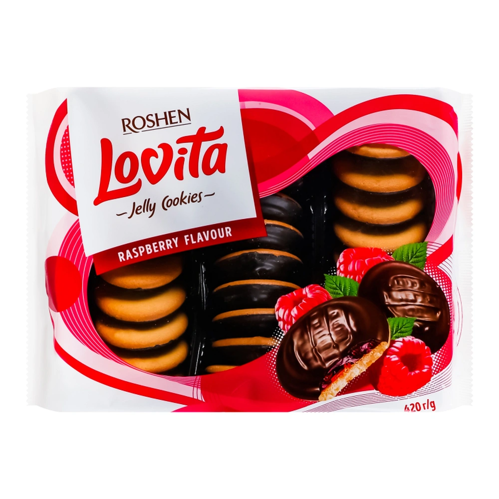 Roshen Cookies Choco Glazed Lovita Raspberry Jelly- 14.8 Oz (420gr)