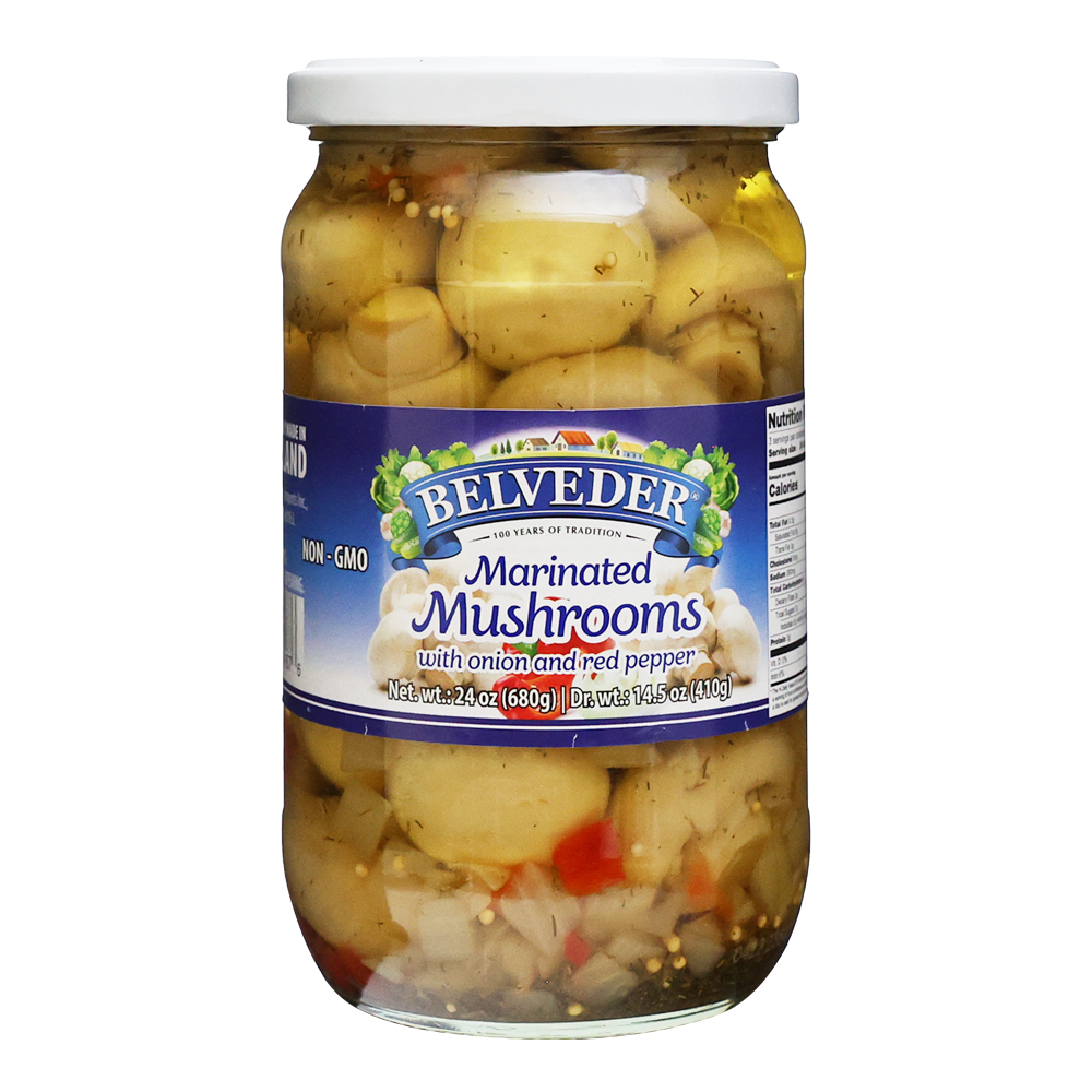 Belveder Pickled Mushrooms with Onion and Red Pepper – 23.99 oz (680gr)